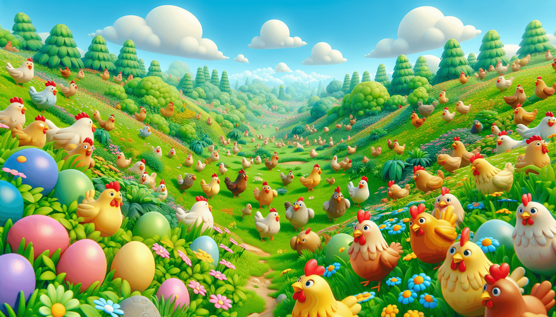Colorful cartoon landscape with chickens